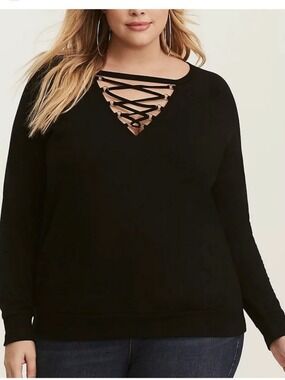 TORRID Black Cotton Long Sleeve Lace Front Tee Size 4X